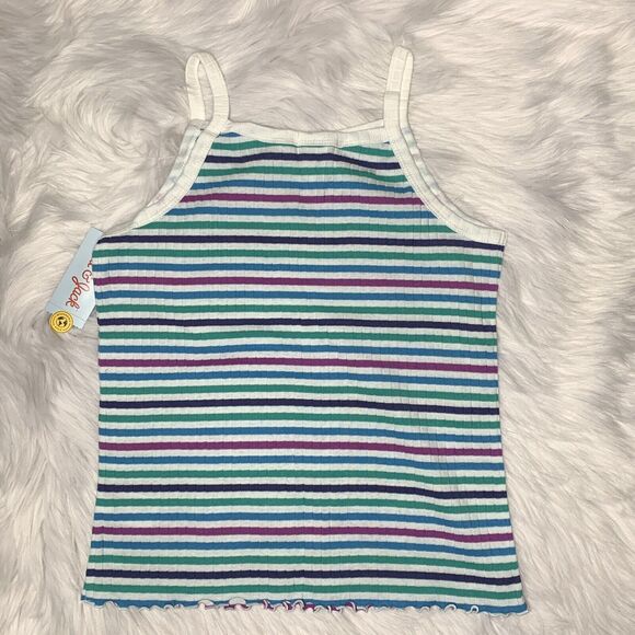 Colorful Striped Tank Top with Button Neckline and Lettuce Style Bottom Hem - Picture 3 of 5